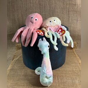 Ty Beanie Babies NEON the Seahorse, GOOCHY the Jellyfish, INKY the Octopus - New
